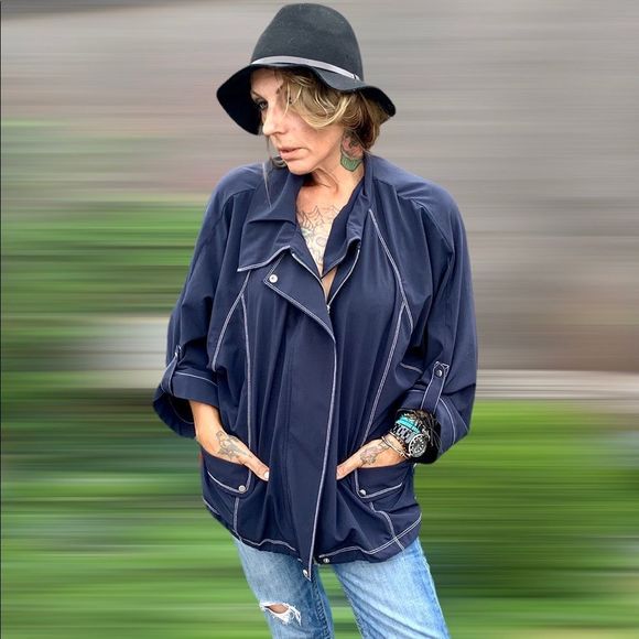 Navy blue & white chain stitch sailor style oversized crop sleeve summer jacket - Picture 1 of 12